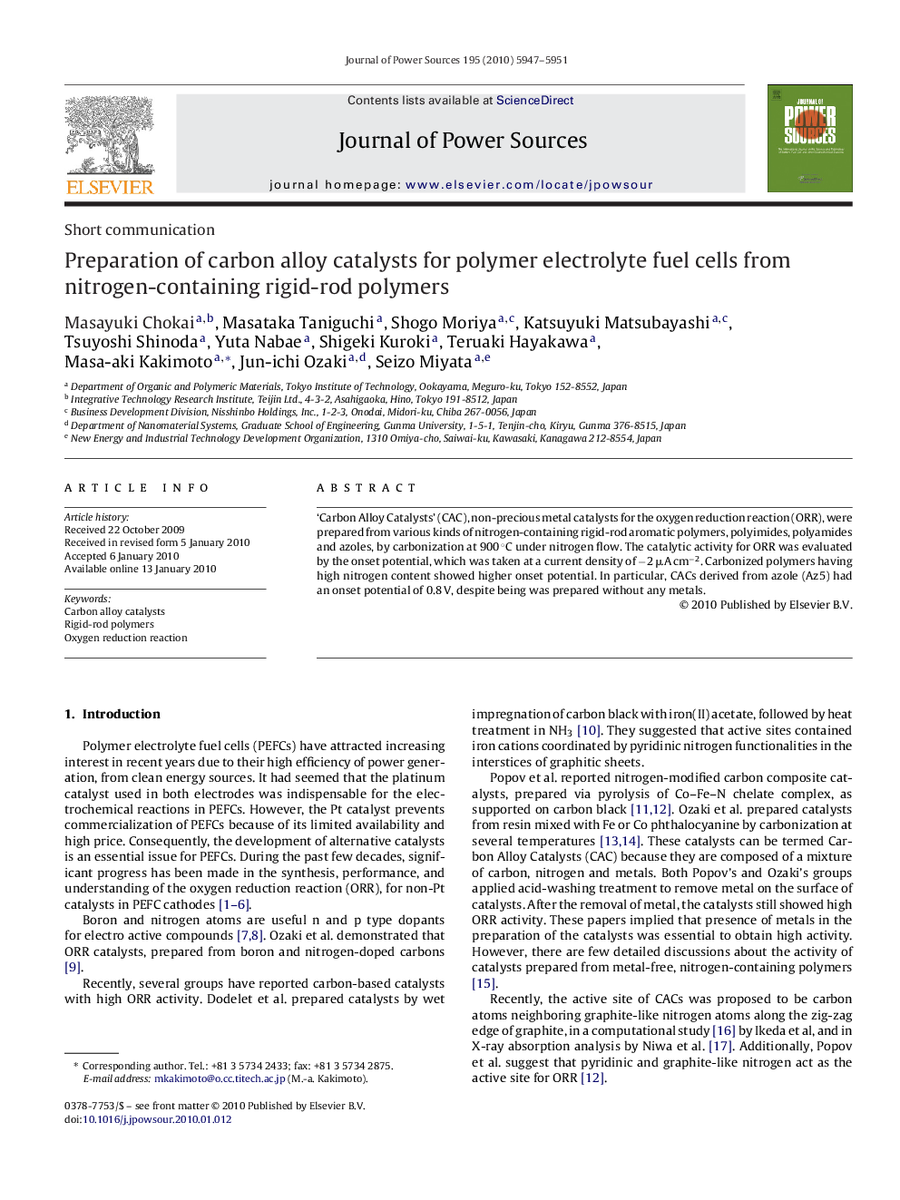 Preparation of carbon alloy catalysts for polymer electrolyte fuel cells from nitrogen-containing rigid-rod polymers