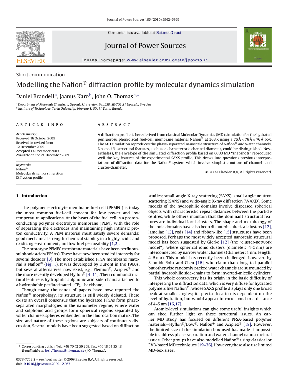 Modelling the Nafion® diffraction profile by molecular dynamics simulation