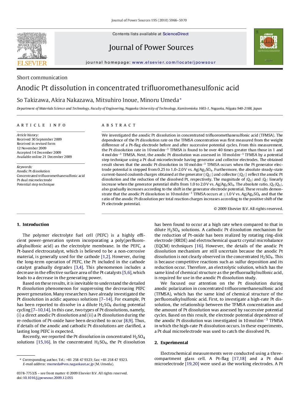 Anodic Pt dissolution in concentrated trifluoromethanesulfonic acid