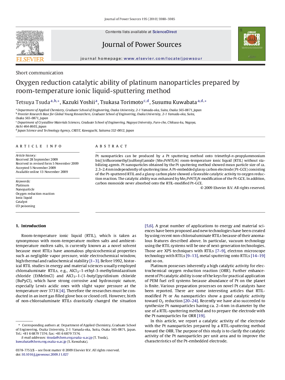 Oxygen reduction catalytic ability of platinum nanoparticles prepared by room-temperature ionic liquid-sputtering method