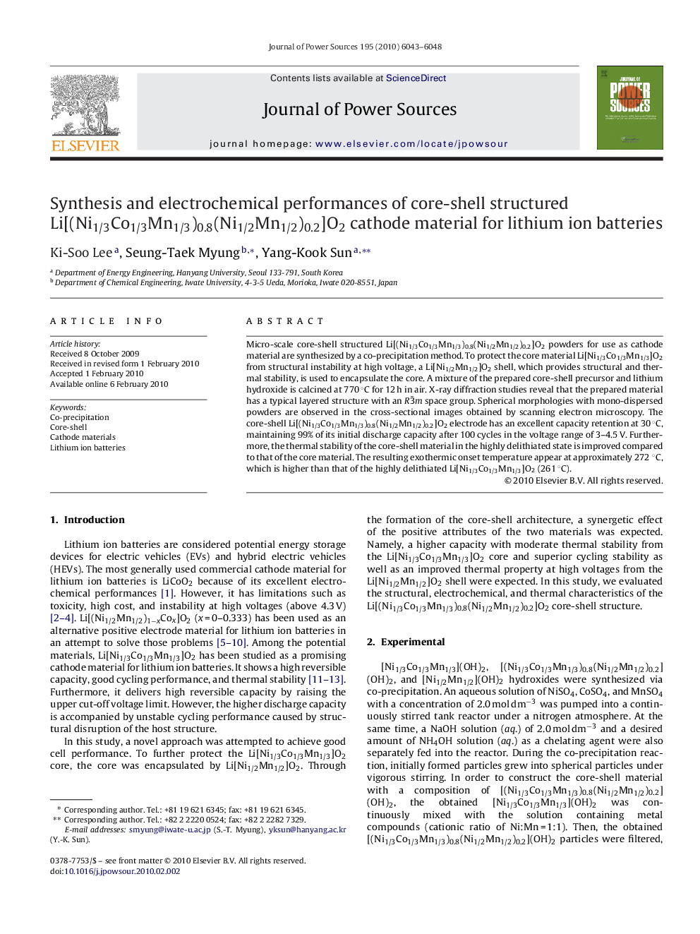 Synthesis and electrochemical performances of core-shell structured Li[(Ni1/3Co1/3Mn1/3)0.8(Ni1/2Mn1/2)0.2]O2 cathode material for lithium ion batteries