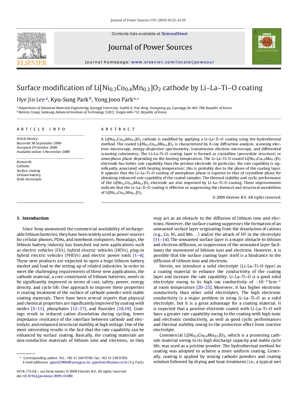 Surface modification of Li[Ni0.3Co0.4Mn0.3]O2 cathode by Li–La–Ti–O coating