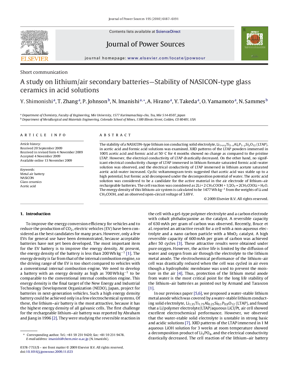 A study on lithium/air secondary batteries—Stability of NASICON-type glass ceramics in acid solutions