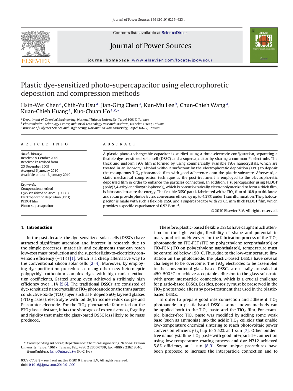 Plastic dye-sensitized photo-supercapacitor using electrophoretic deposition and compression methods