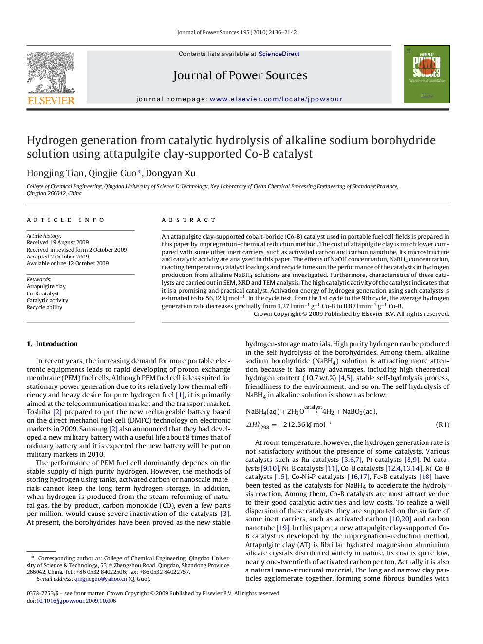 Hydrogen generation from catalytic hydrolysis of alkaline sodium borohydride solution using attapulgite clay-supported Co-B catalyst