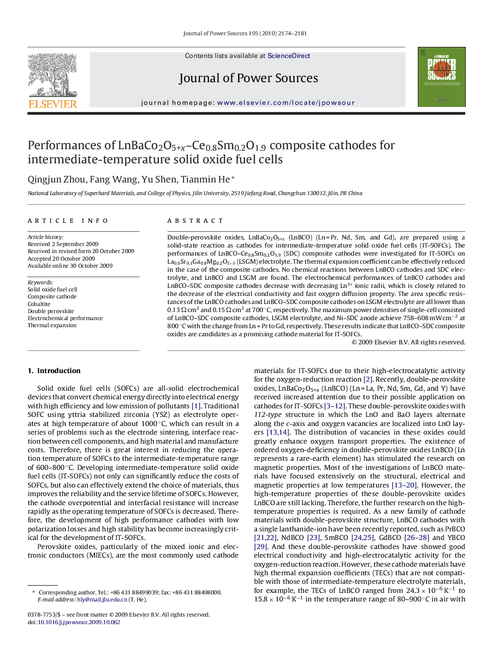 Performances of LnBaCo2O5+x–Ce0.8Sm0.2O1.9 composite cathodes for intermediate-temperature solid oxide fuel cells