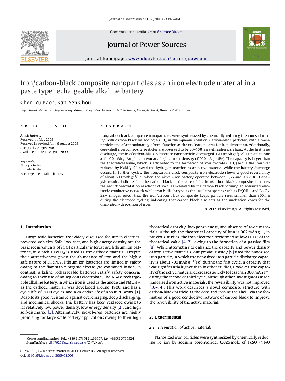 Iron/carbon-black composite nanoparticles as an iron electrode material in a paste type rechargeable alkaline battery