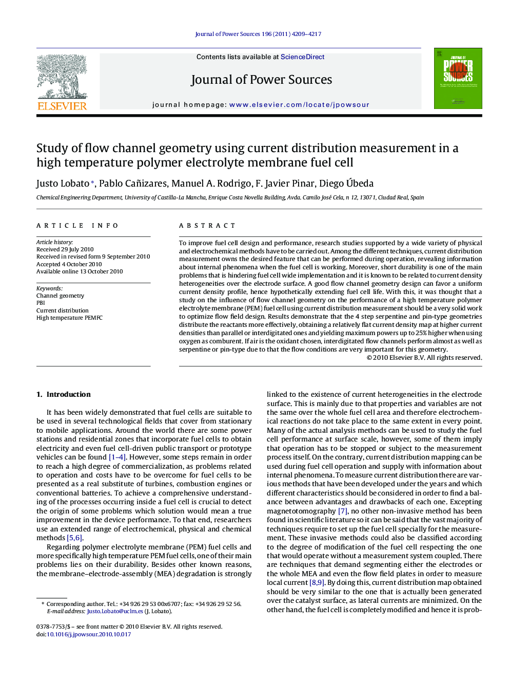 Study of flow channel geometry using current distribution measurement in a high temperature polymer electrolyte membrane fuel cell