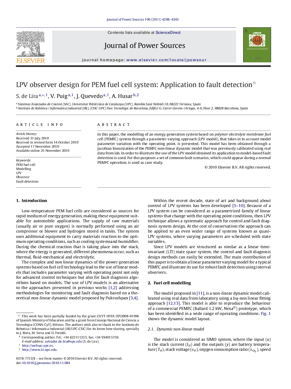 LPV observer design for PEM fuel cell system: Application to fault detection 