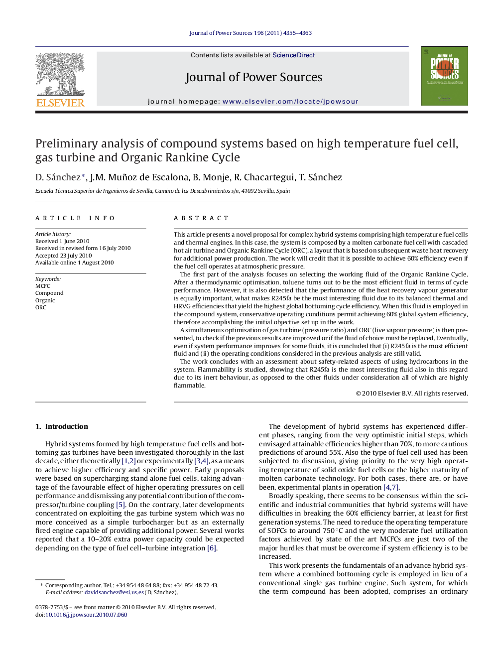 Preliminary analysis of compound systems based on high temperature fuel cell, gas turbine and Organic Rankine Cycle