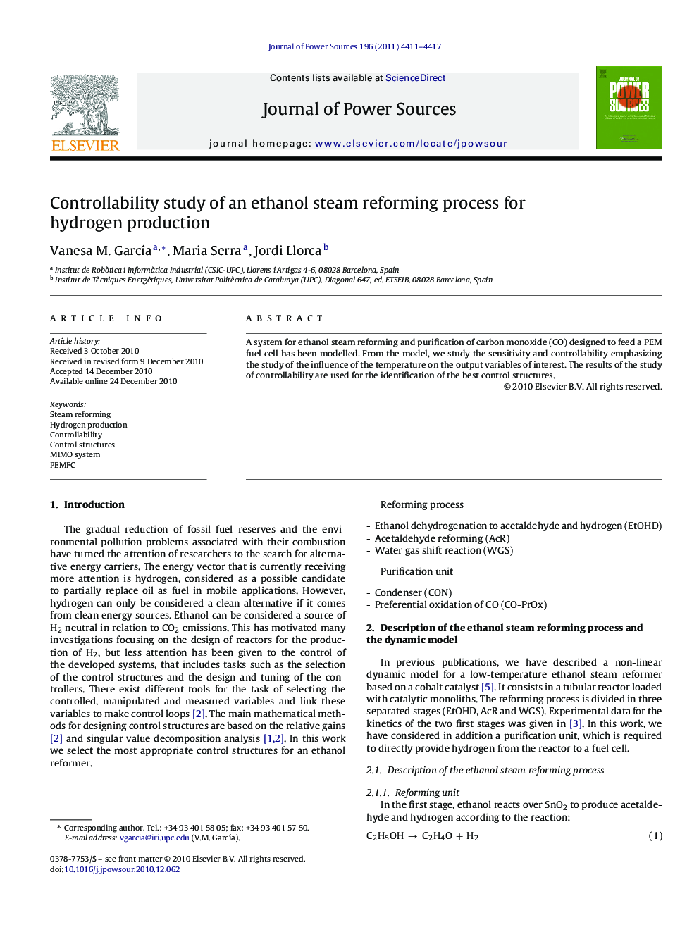 Controllability study of an ethanol steam reforming process for hydrogen production