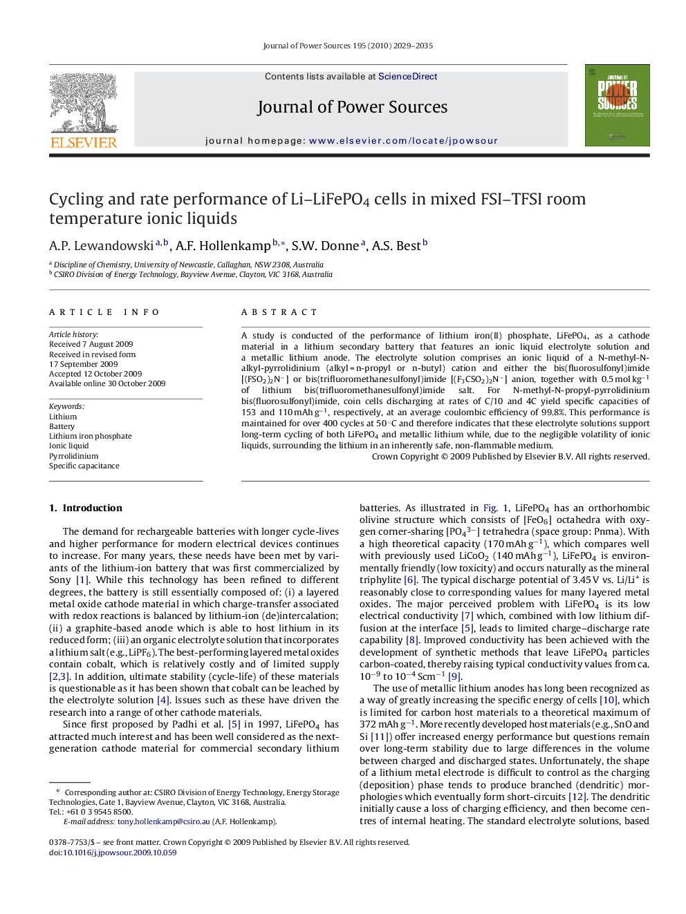 عکس صفحه اول مقاله: Cycling and rate performance of Li–LiFePO4 cells in mixed FSI–TFSI room temperature ionic liquids Cycling and rate performance of Li–LiFePO4 cells in mixed FSI–TFSI room temperature ionic liquids