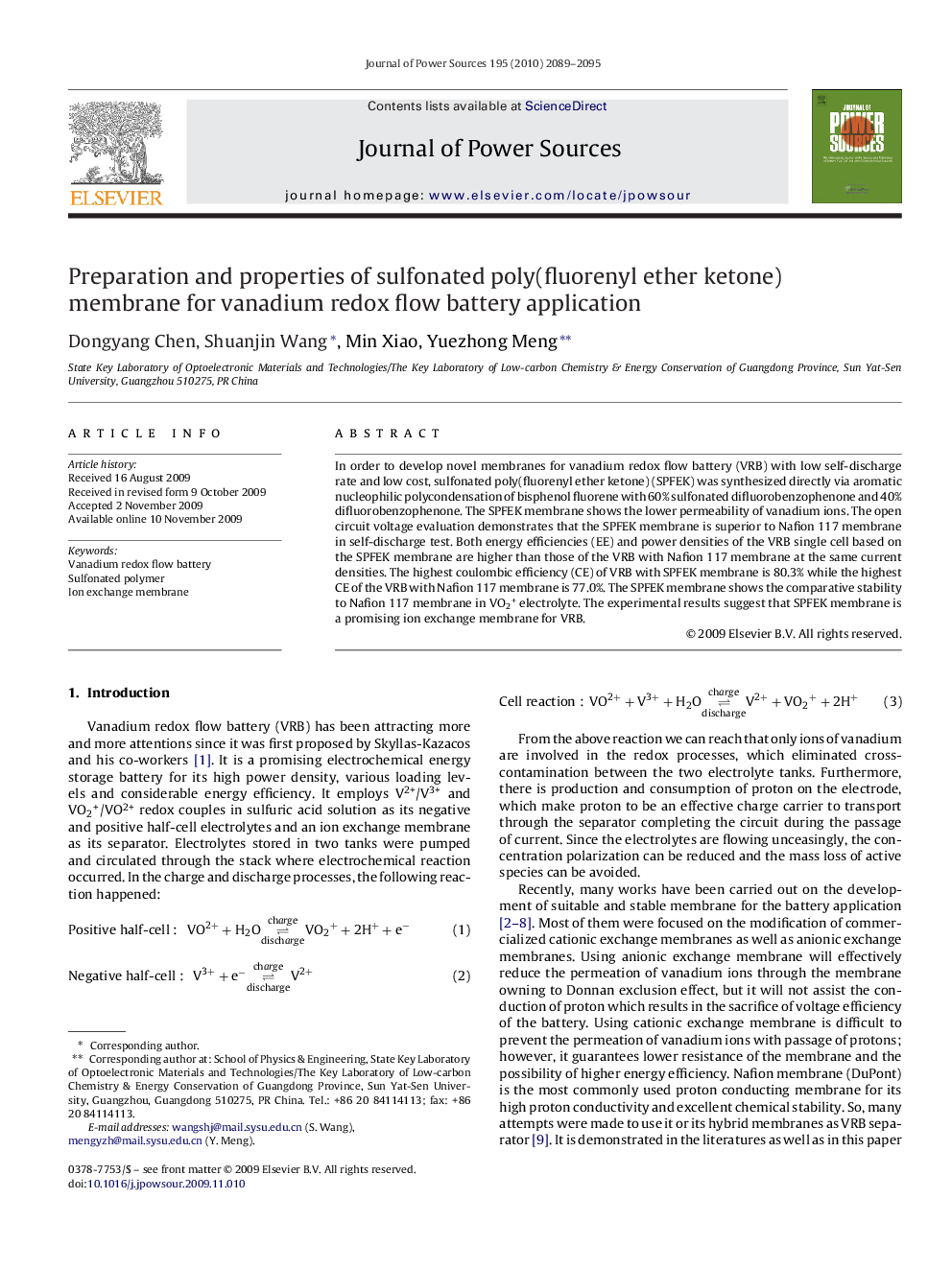 Preparation and properties of sulfonated poly(fluorenyl ether ketone) membrane for vanadium redox flow battery application