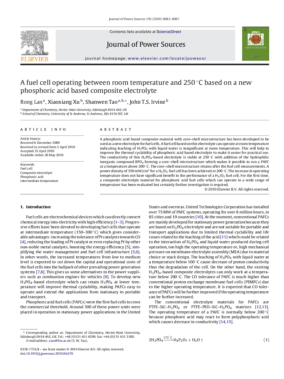 A fuel cell operating between room temperature and 250 °C based on a new phosphoric acid based composite electrolyte