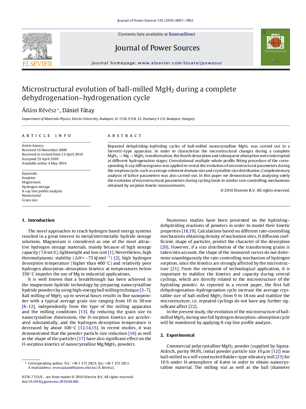 Microstructural evolution of ball-milled MgH2 during a complete dehydrogenation–hydrogenation cycle