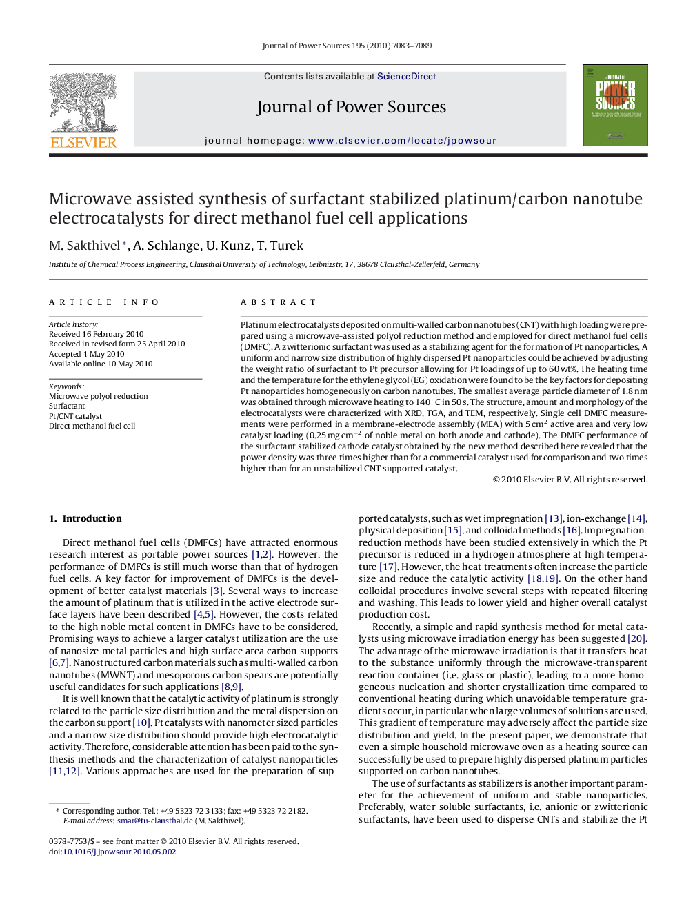 Microwave assisted synthesis of surfactant stabilized platinum/carbon nanotube electrocatalysts for direct methanol fuel cell applications