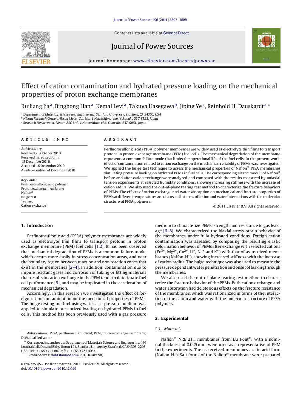 Effect of cation contamination and hydrated pressure loading on the mechanical properties of proton exchange membranes