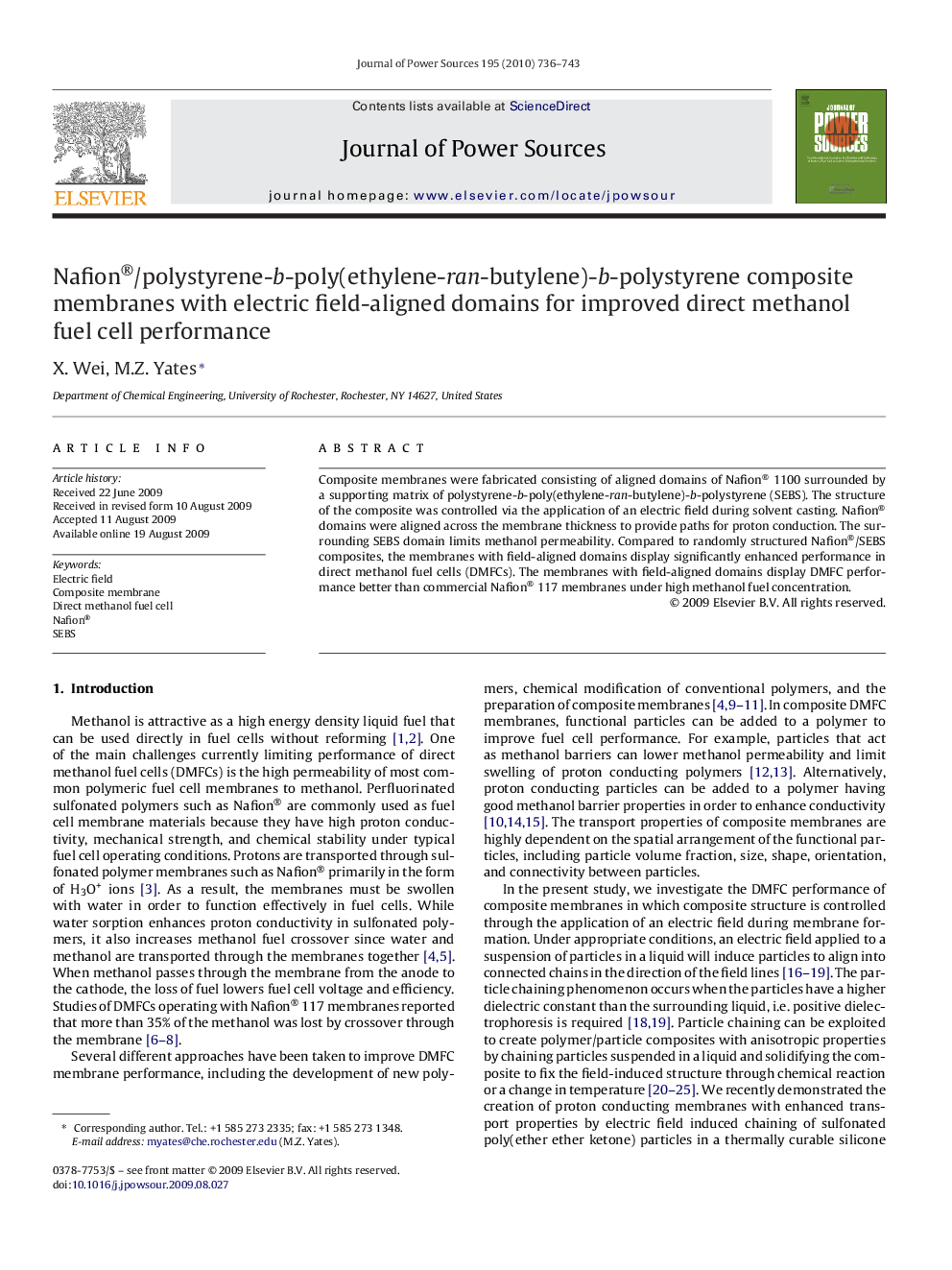 Nafion®/polystyrene-b-poly(ethylene-ran-butylene)-b-polystyrene composite membranes with electric field-aligned domains for improved direct methanol fuel cell performance