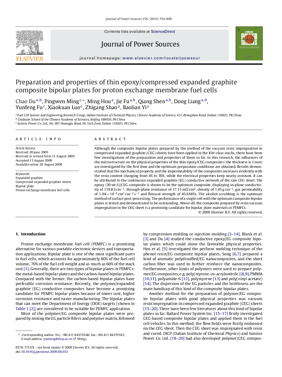 Preparation and properties of thin epoxy/compressed expanded graphite composite bipolar plates for proton exchange membrane fuel cells