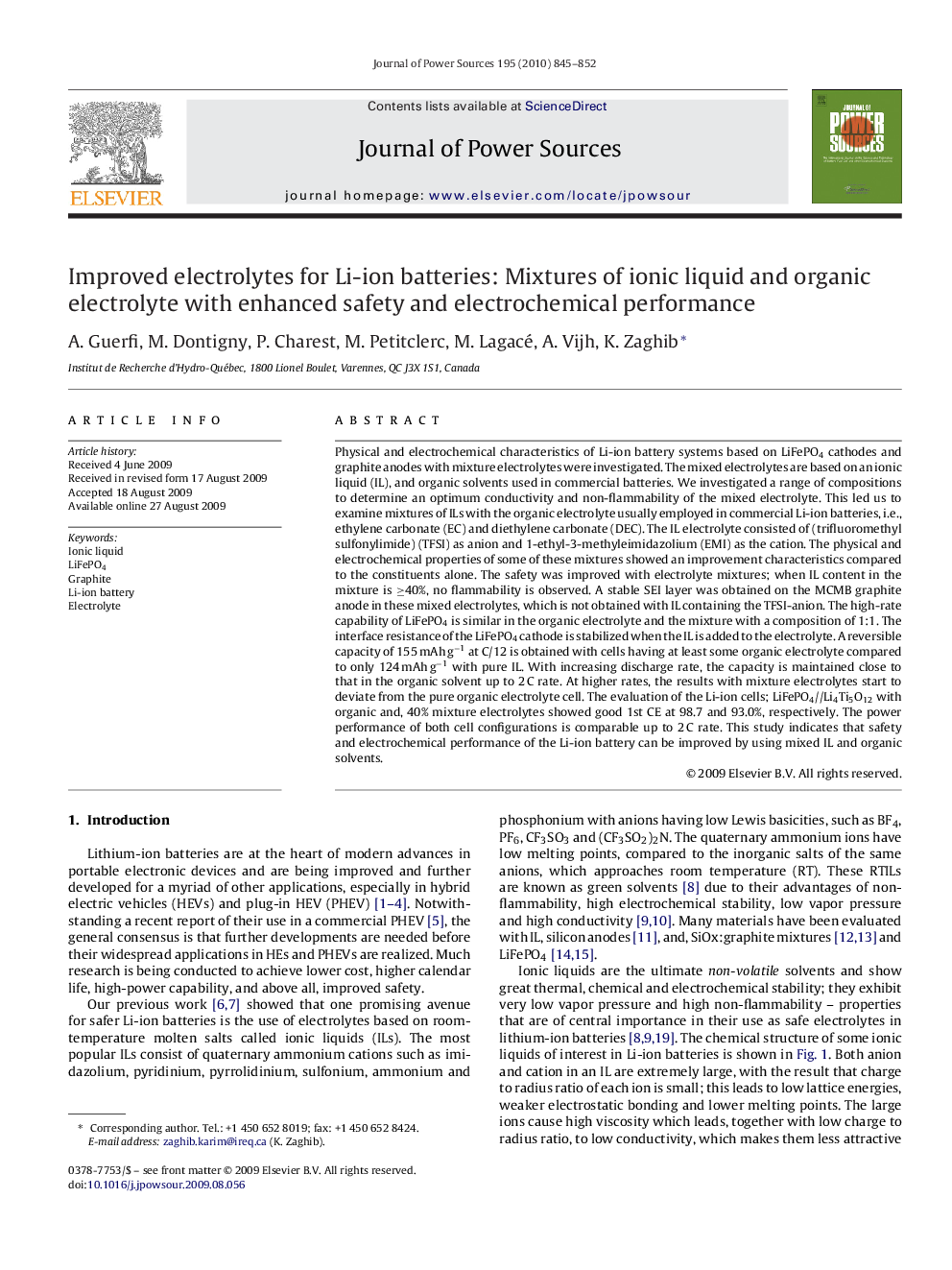 Improved electrolytes for Li-ion batteries: Mixtures of ionic liquid and organic electrolyte with enhanced safety and electrochemical performance