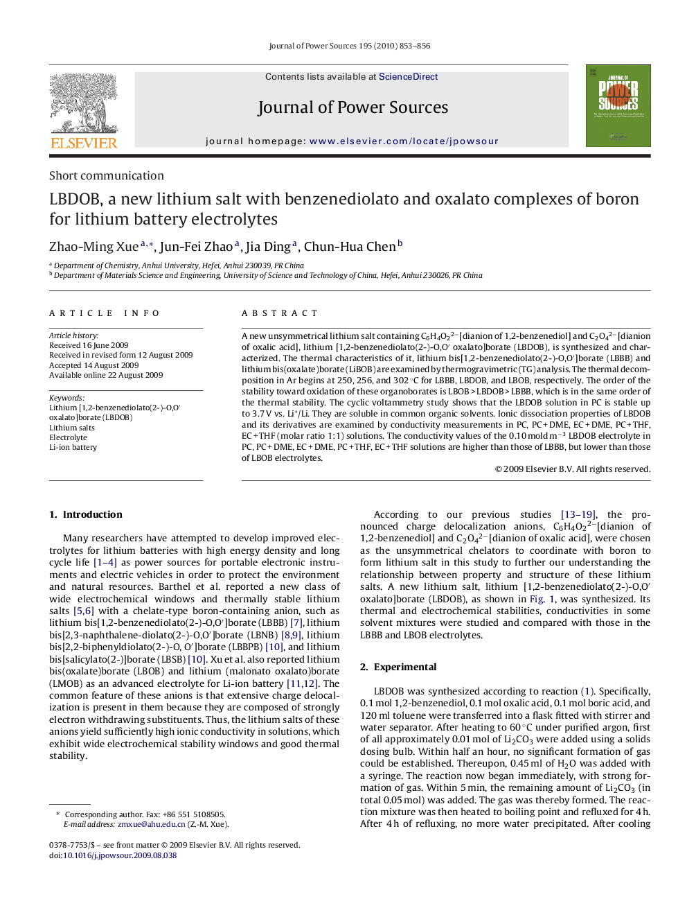 LBDOB, a new lithium salt with benzenediolato and oxalato complexes of boron for lithium battery electrolytes