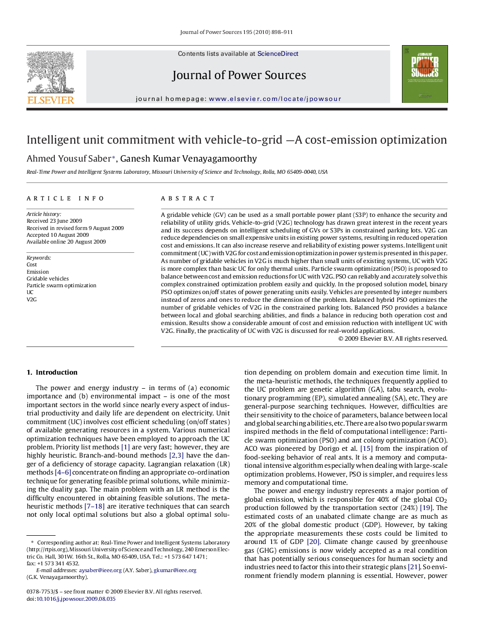 Intelligent unit commitment with vehicle-to-grid —A cost-emission optimization