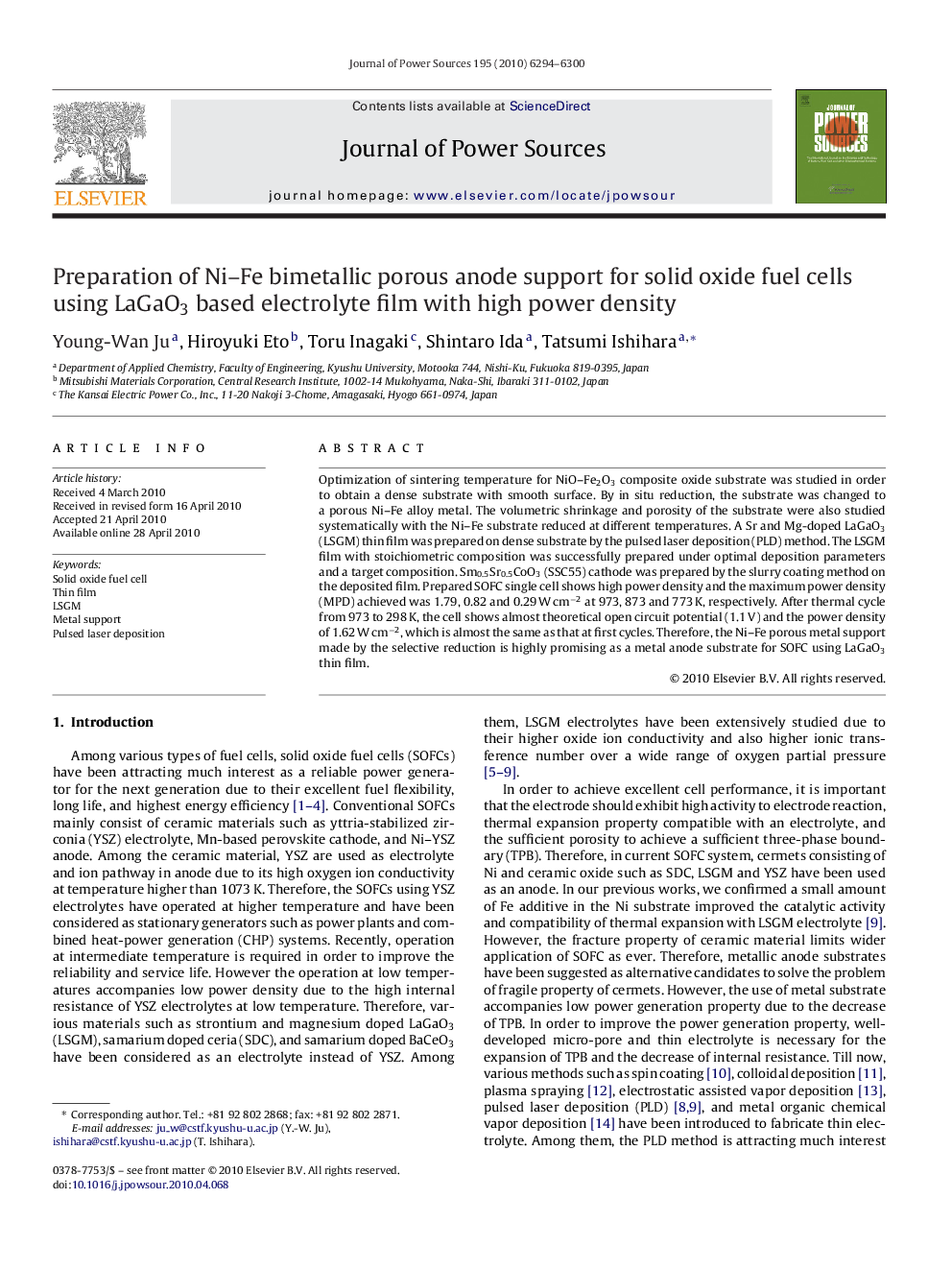 Preparation of Ni–Fe bimetallic porous anode support for solid oxide fuel cells using LaGaO3 based electrolyte film with high power density