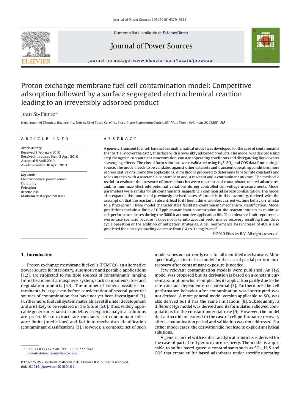 Proton exchange membrane fuel cell contamination model: Competitive adsorption followed by a surface segregated electrochemical reaction leading to an irreversibly adsorbed product