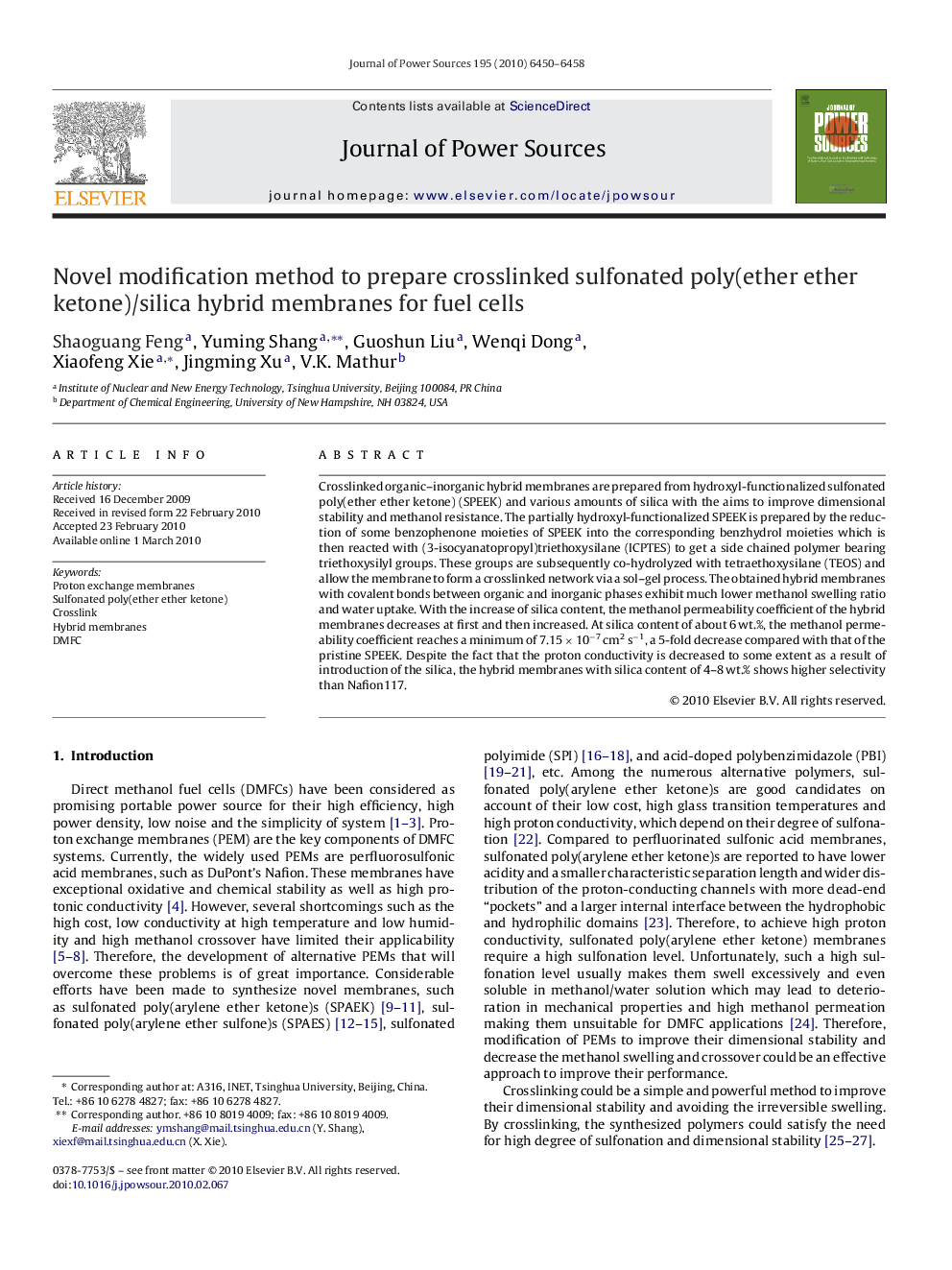 Novel modification method to prepare crosslinked sulfonated poly(ether ether ketone)/silica hybrid membranes for fuel cells