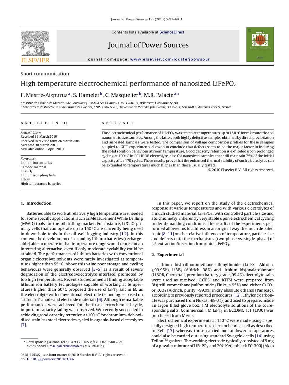 عکس صفحه اول مقاله: High temperature electrochemical performance of nanosized LiFePO4 High temperature electrochemical performance of nanosized LiFePO4