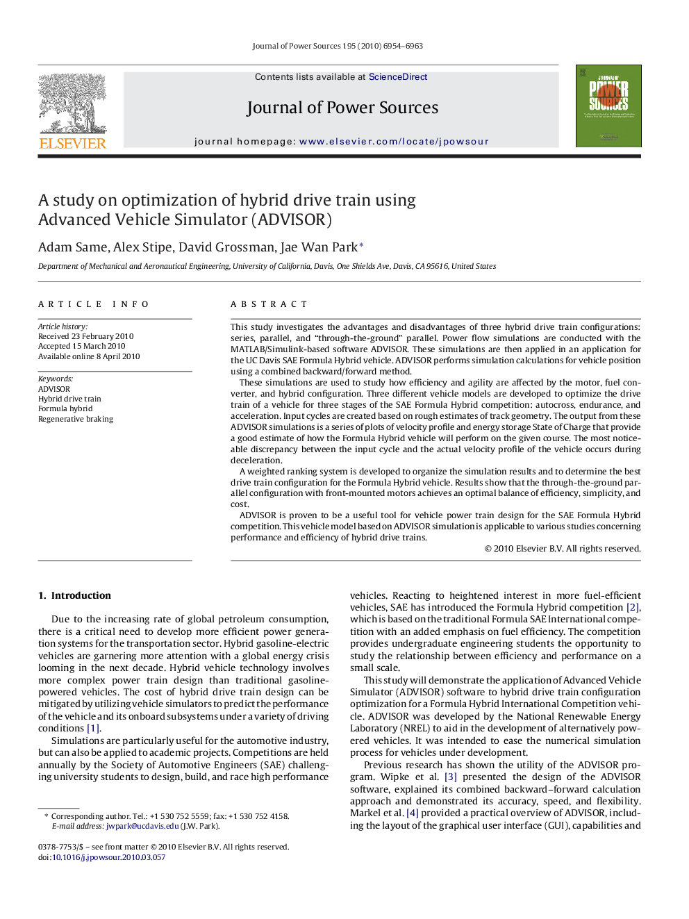 A study on optimization of hybrid drive train using Advanced Vehicle Simulator (ADVISOR)