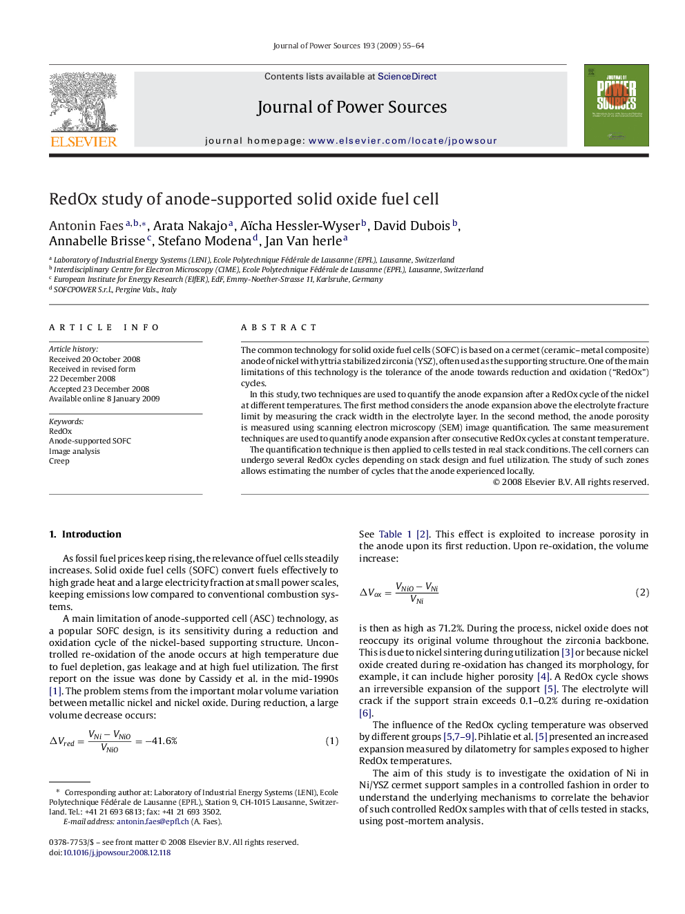 RedOx study of anode-supported solid oxide fuel cell