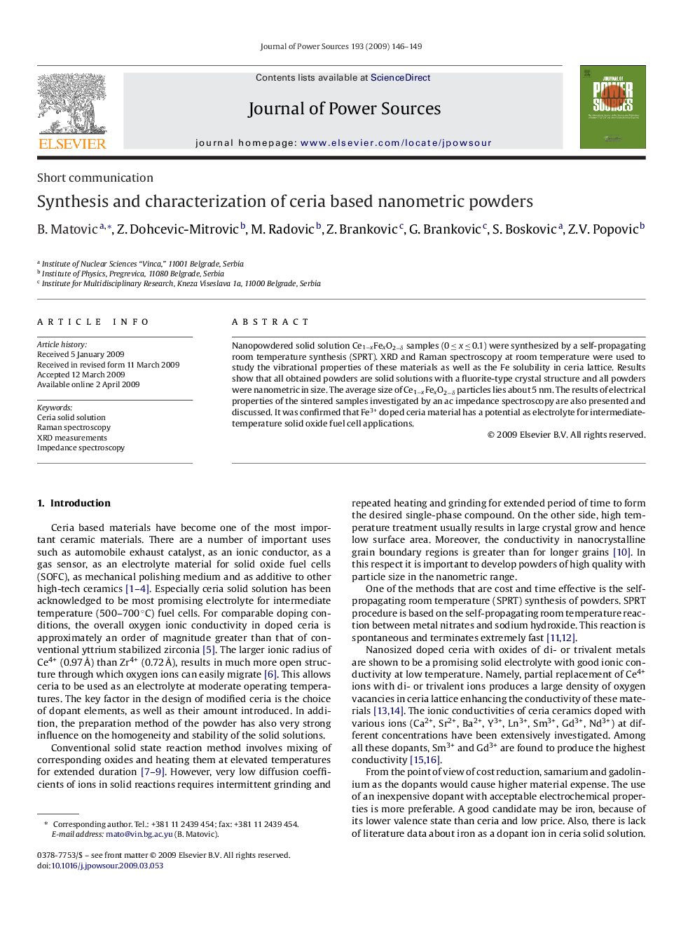 Synthesis and characterization of ceria based nanometric powders