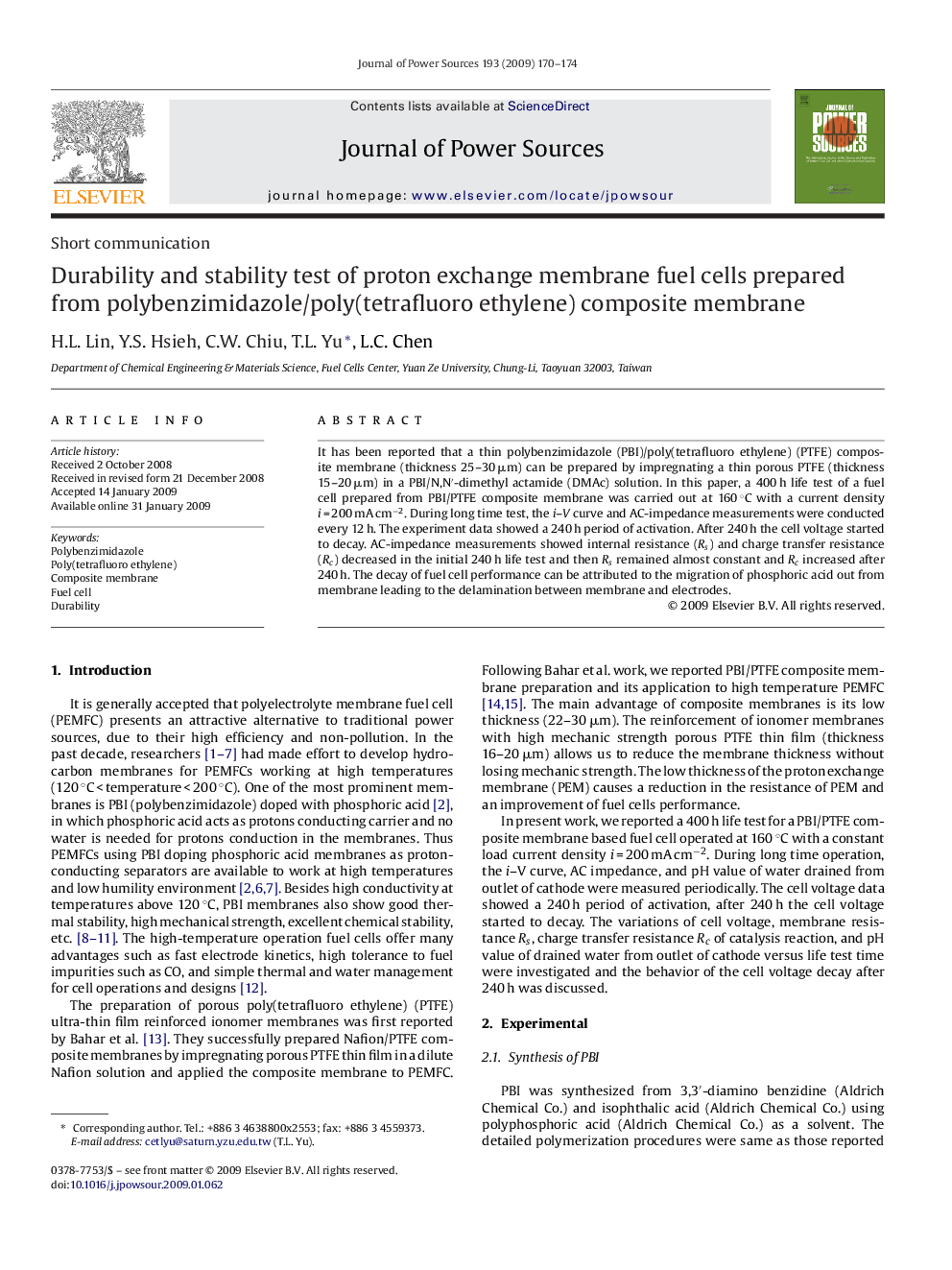 Durability and stability test of proton exchange membrane fuel cells prepared from polybenzimidazole/poly(tetrafluoro ethylene) composite membrane