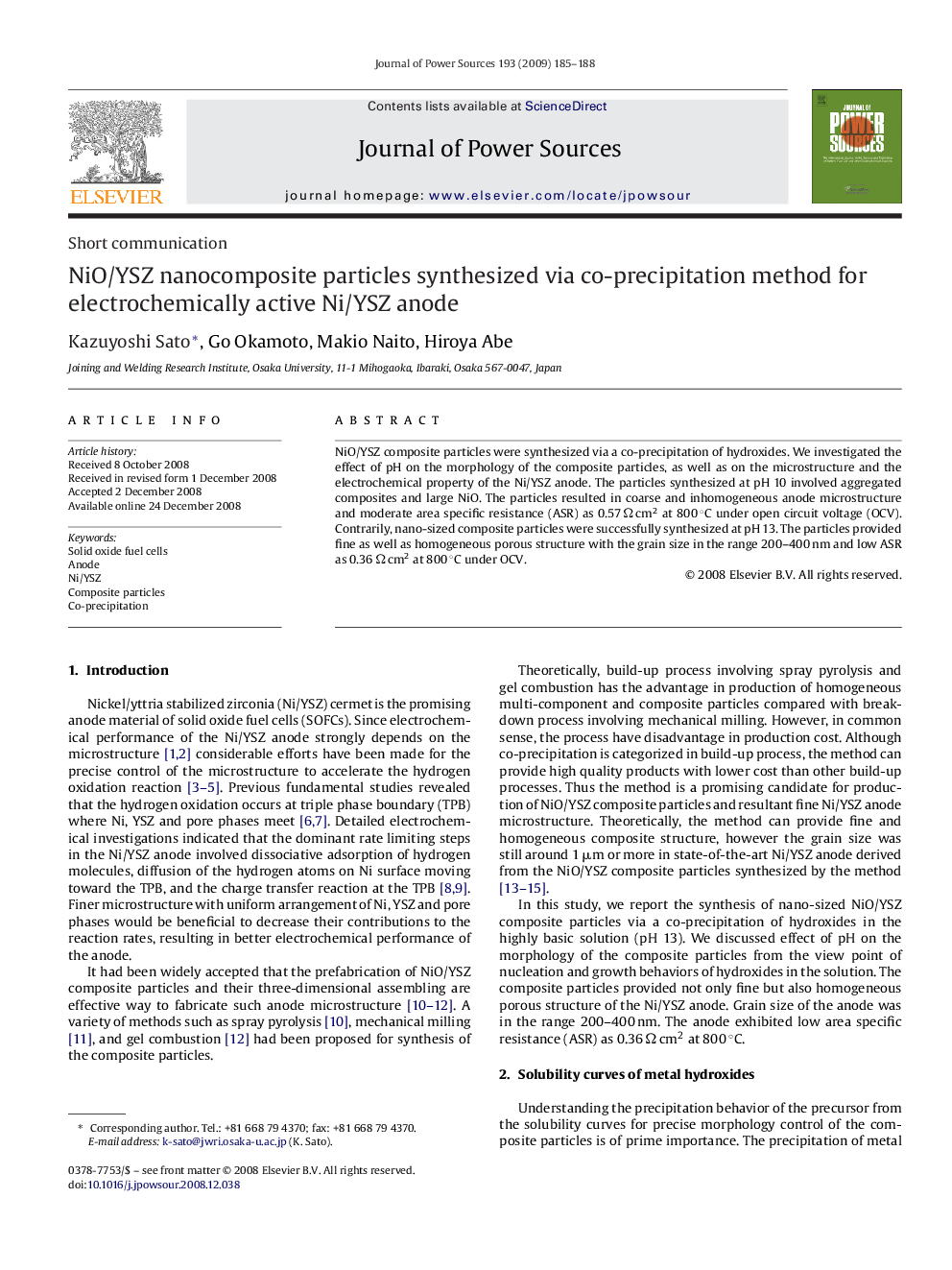 NiO/YSZ nanocomposite particles synthesized via co-precipitation method for electrochemically active Ni/YSZ anode