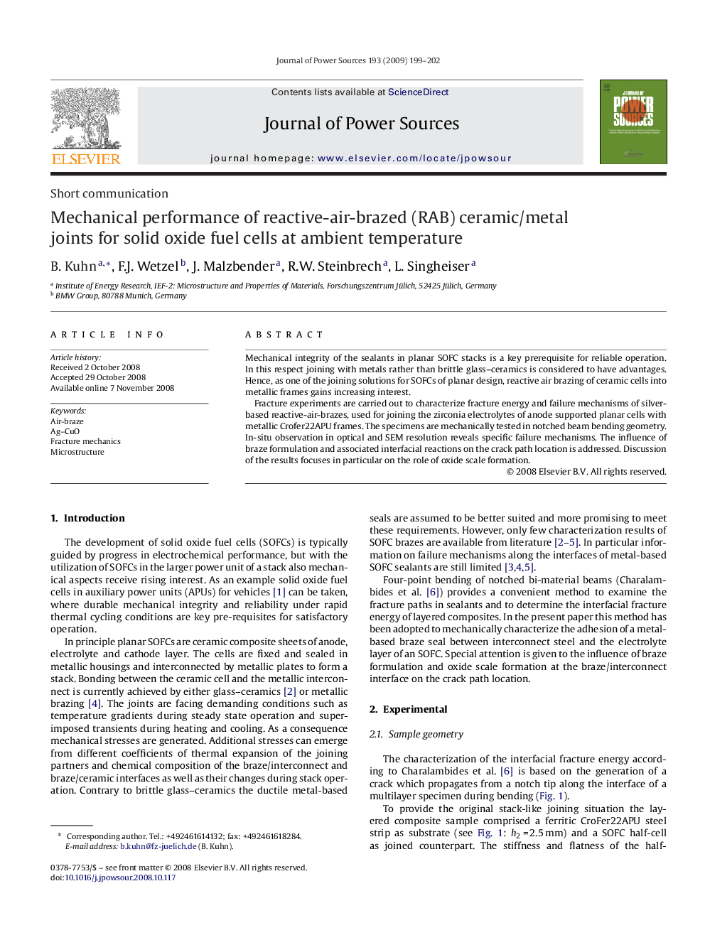 Mechanical performance of reactive-air-brazed (RAB) ceramic/metal joints for solid oxide fuel cells at ambient temperature