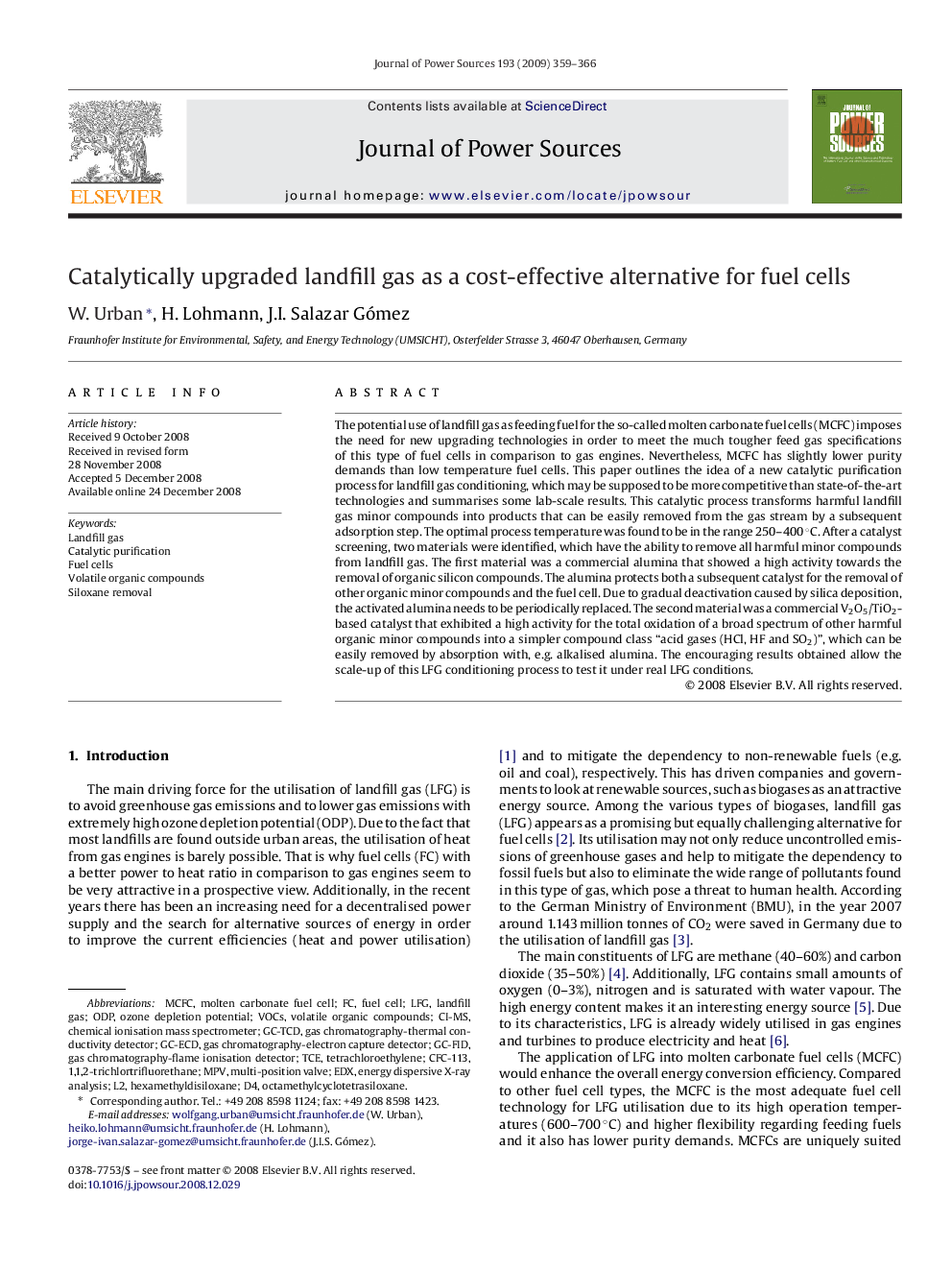 Catalytically upgraded landfill gas as a cost-effective alternative for fuel cells