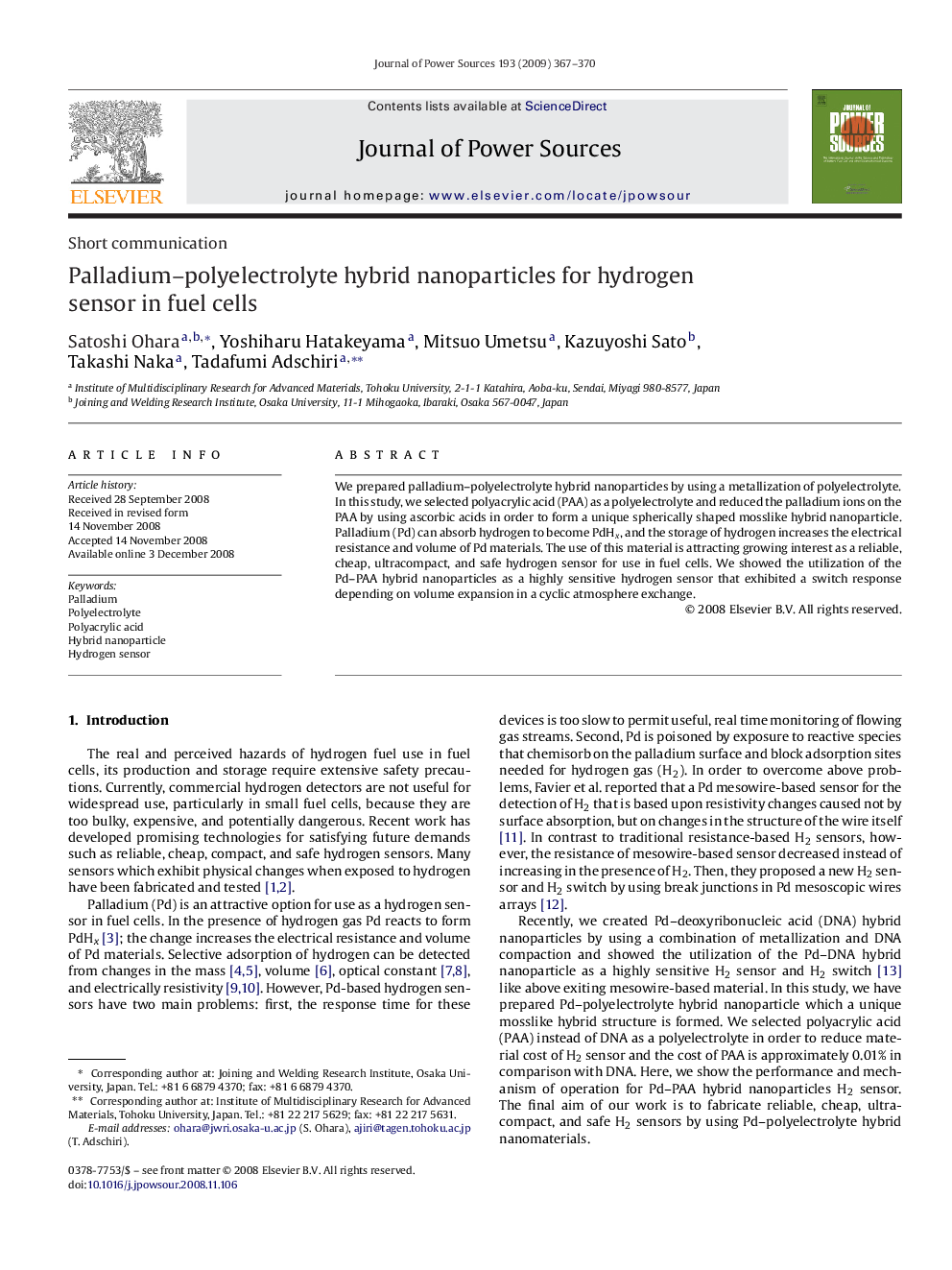 Palladium-polyelectrolyte hybrid nanoparticles for hydrogen sensor in fuel cells