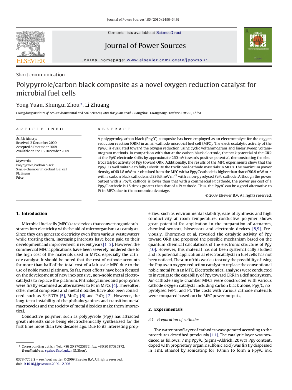 Polypyrrole/carbon black composite as a novel oxygen reduction catalyst for microbial fuel cells