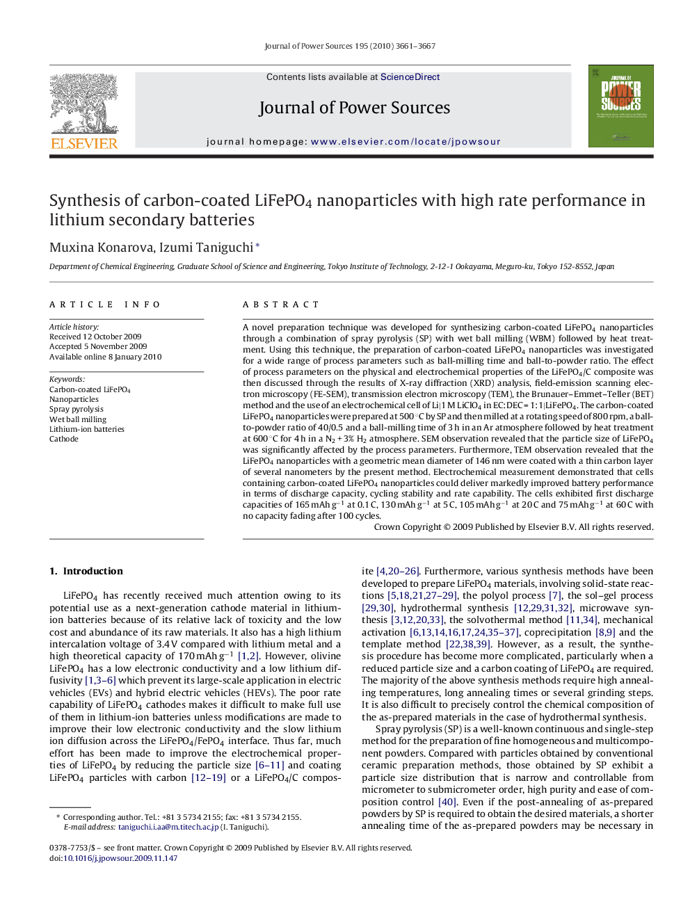 Synthesis of carbon-coated LiFePO4 nanoparticles with high rate performance in lithium secondary batteries