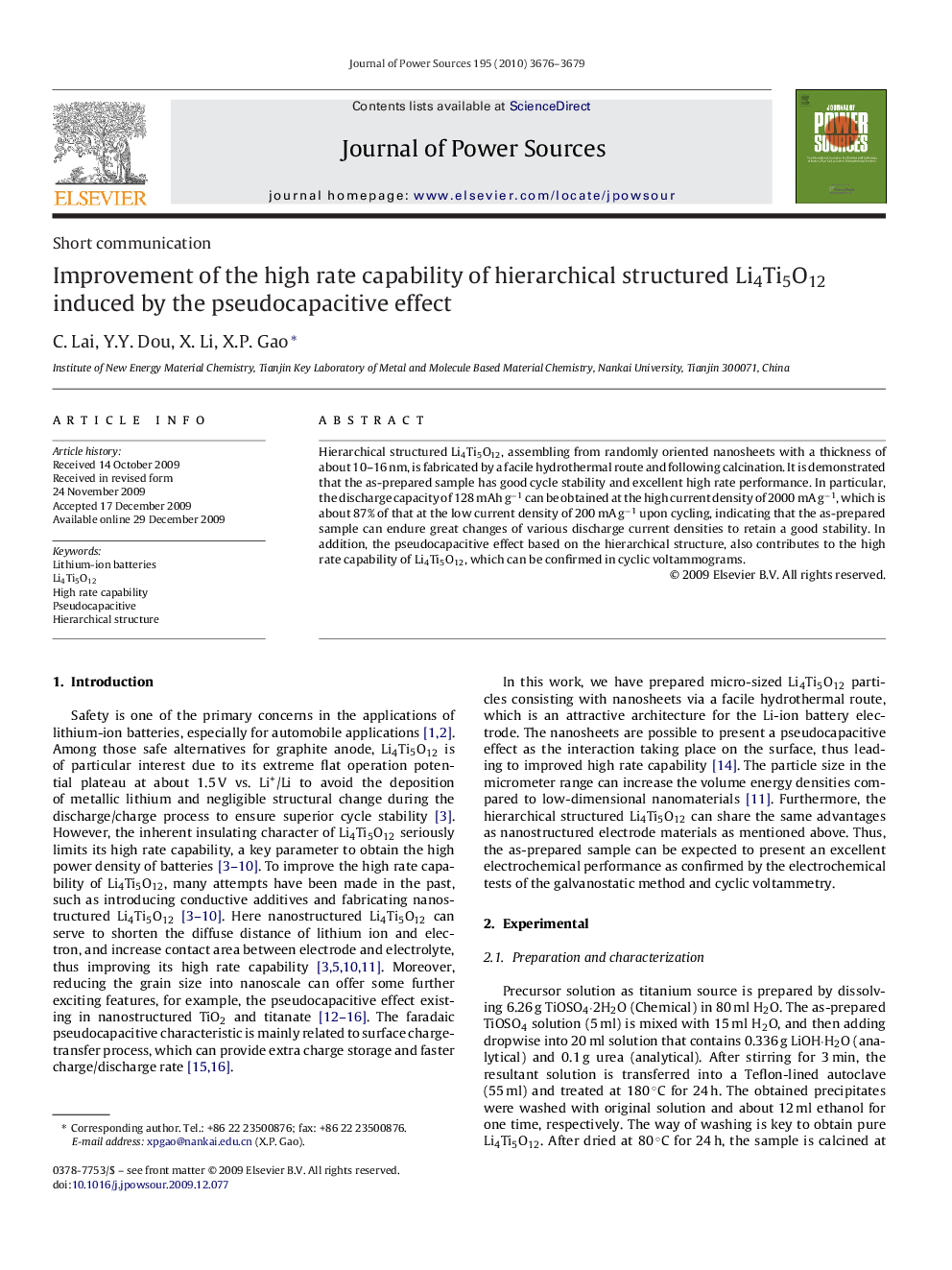 Improvement of the high rate capability of hierarchical structured Li4Ti5O12 induced by the pseudocapacitive effect