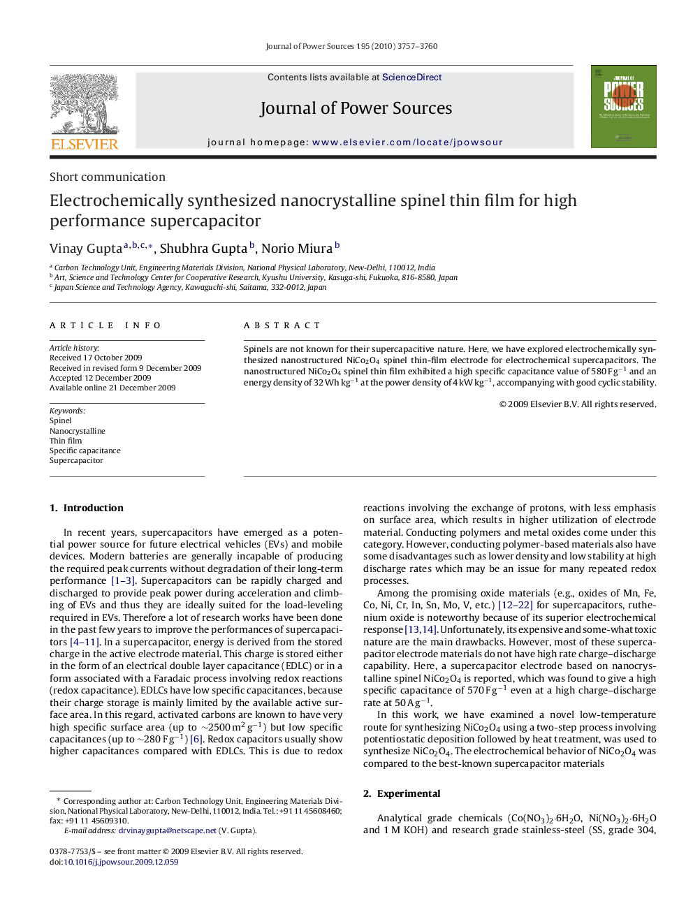 Electrochemically synthesized nanocrystalline spinel thin film for high performance supercapacitor