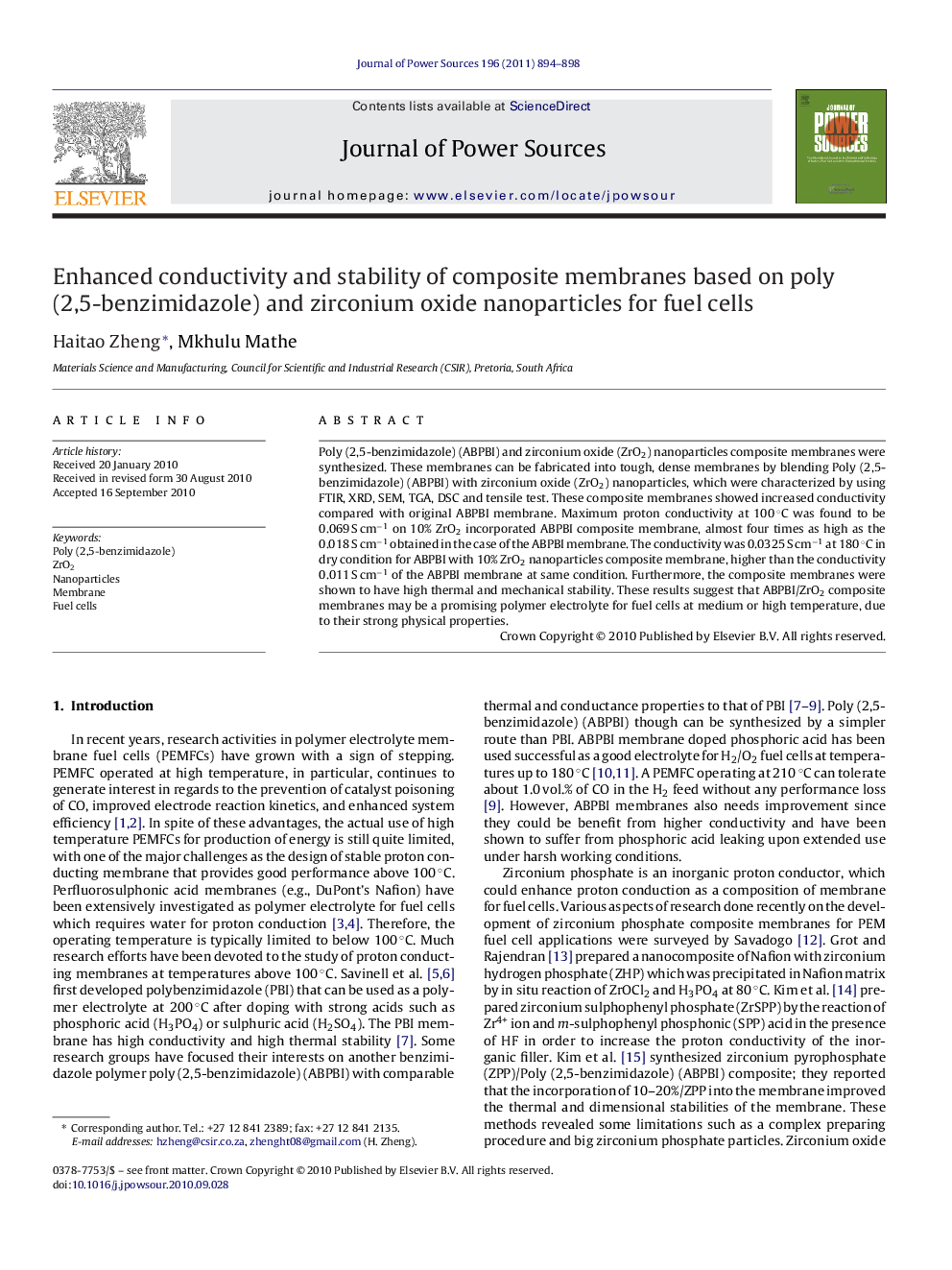 Enhanced conductivity and stability of composite membranes based on poly (2,5-benzimidazole) and zirconium oxide nanoparticles for fuel cells