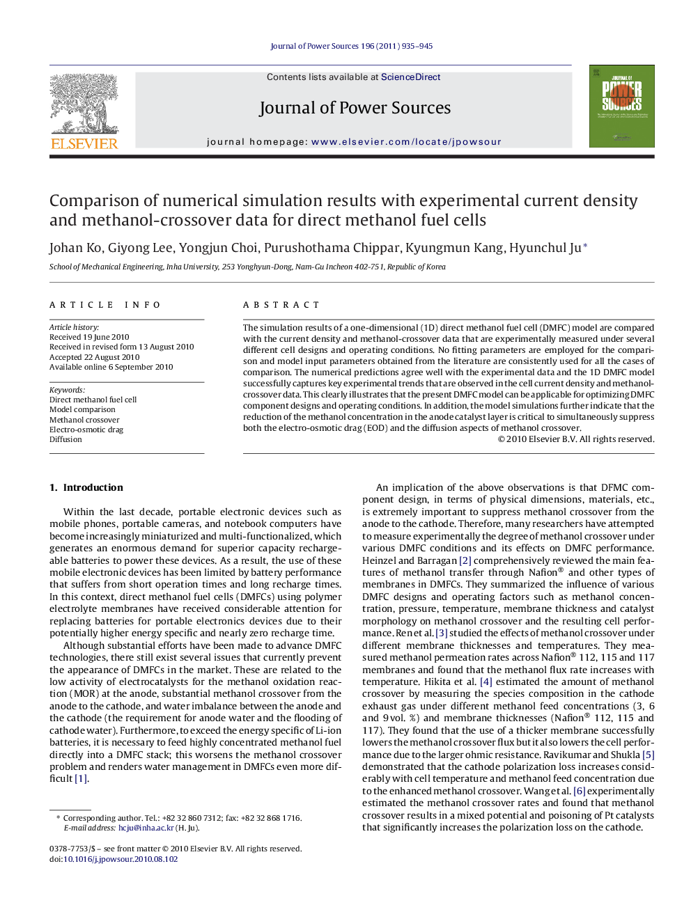 Comparison of numerical simulation results with experimental current density and methanol-crossover data for direct methanol fuel cells