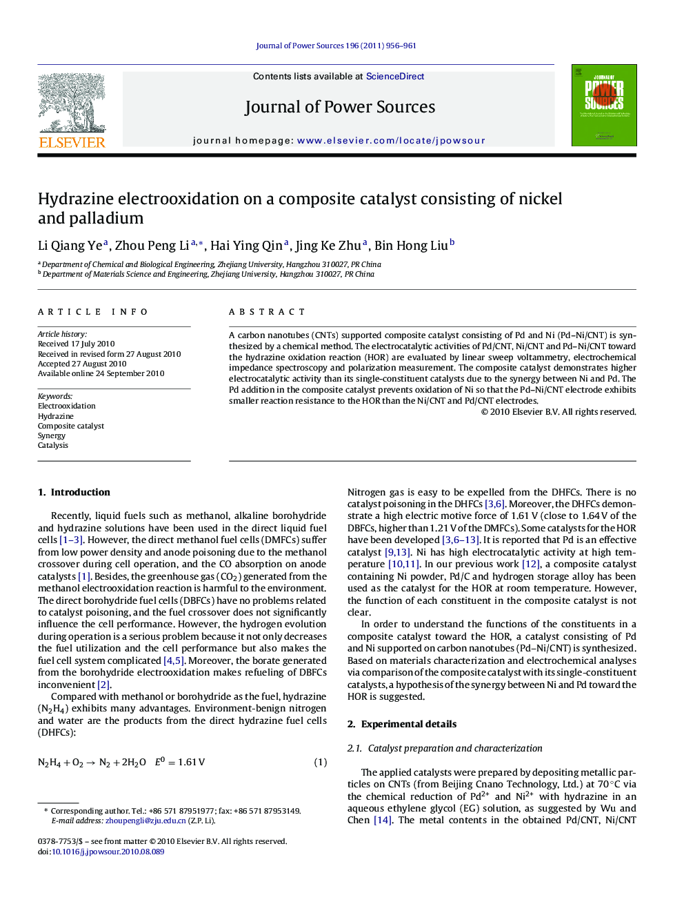 Hydrazine electrooxidation on a composite catalyst consisting of nickel and palladium