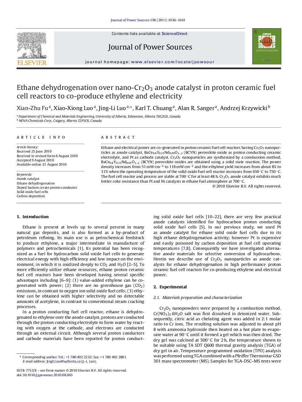 Ethane dehydrogenation over nano-Cr2O3 anode catalyst in proton ceramic fuel cell reactors to co-produce ethylene and electricity