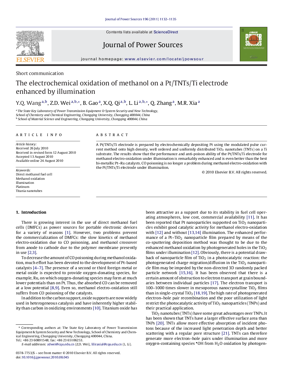 The electrochemical oxidation of methanol on a Pt/TNTs/Ti electrode enhanced by illumination