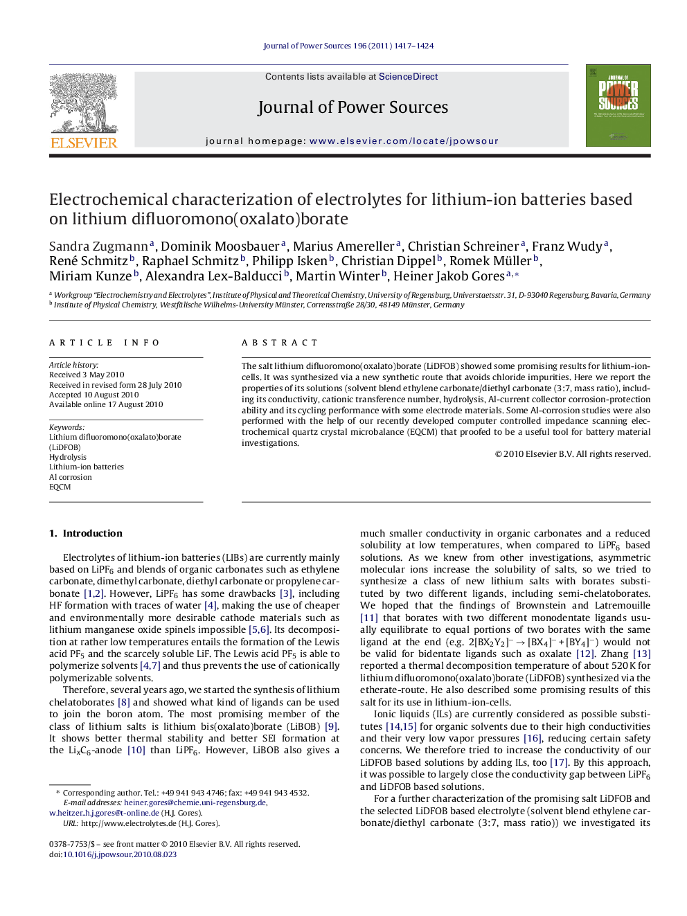 Electrochemical characterization of electrolytes for lithium-ion batteries based on lithium difluoromono(oxalato)borate