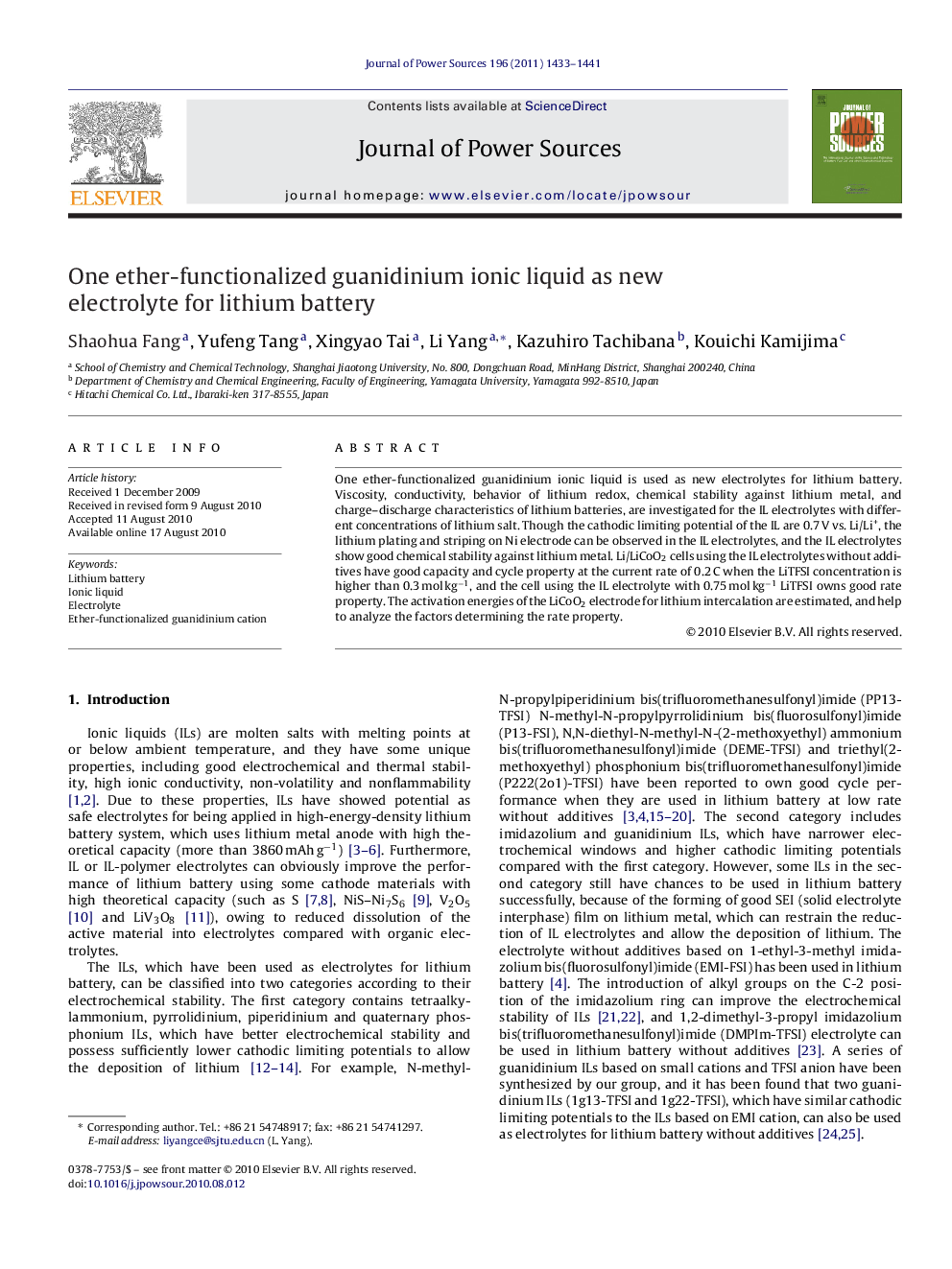 عکس صفحه اول مقاله: One ether-functionalized guanidinium ionic liquid as new electrolyte for lithium battery One ether-functionalized guanidinium ionic liquid as new electrolyte for lithium battery