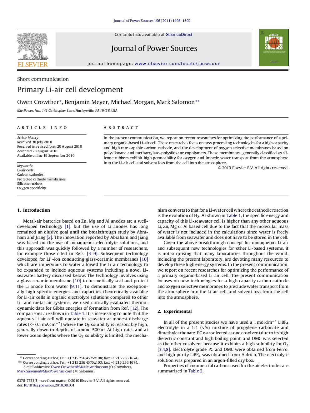 Primary Li-air cell development